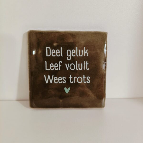 Keramieken tegeltje: 'Deel geluk' olijf/mint