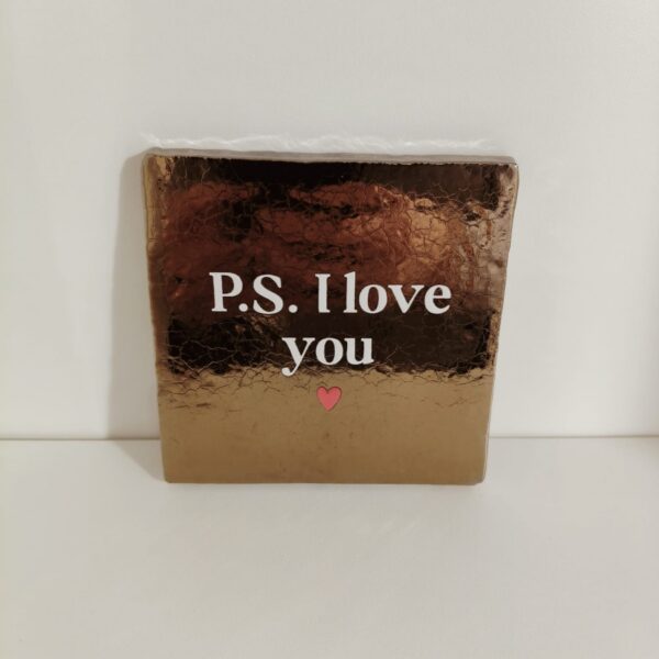 Keramieken tegeltje: 'PS I love you' Goud/crème