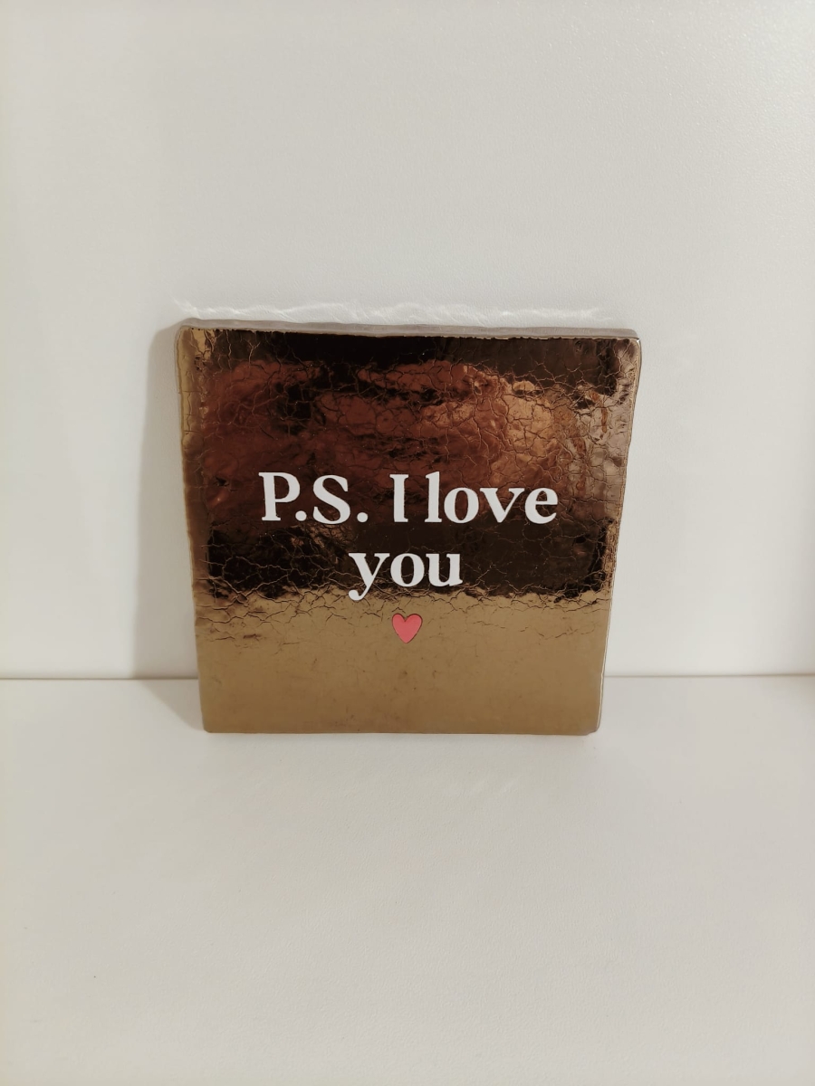 Keramieken tegeltje: 'PS I love you' Goud/crème