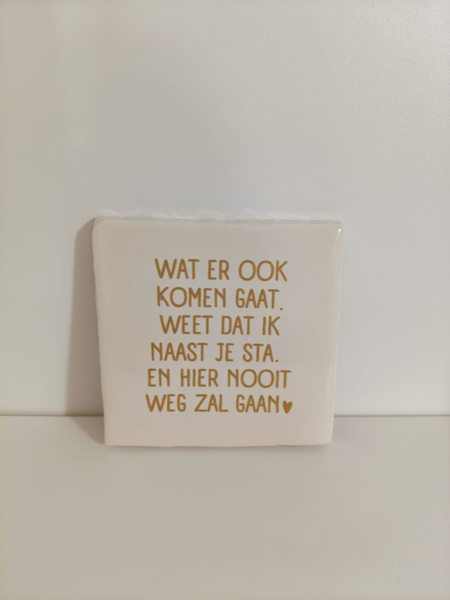 Keramieken tegeltje: 'Wat er ook komen gaat' Terra/roze