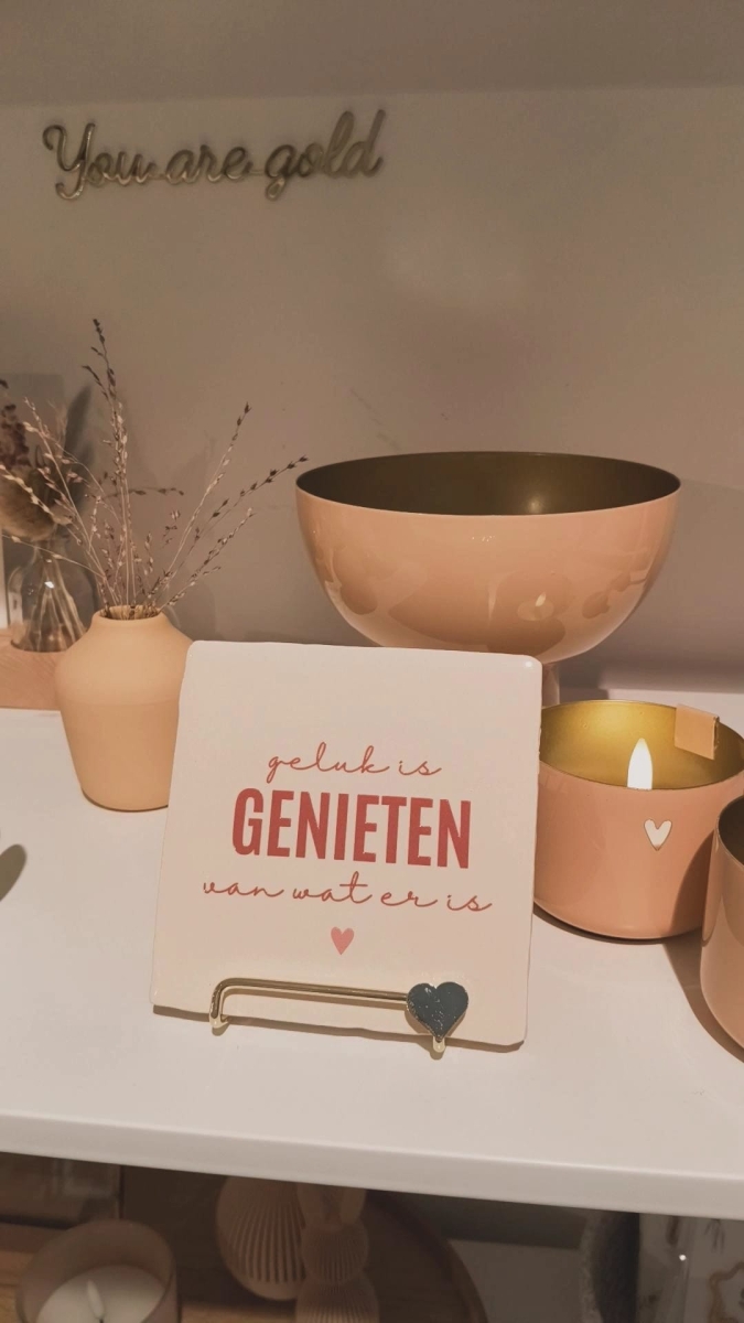 Keramieken tegeltje: 'Geluk is genieten' Crème/taupe