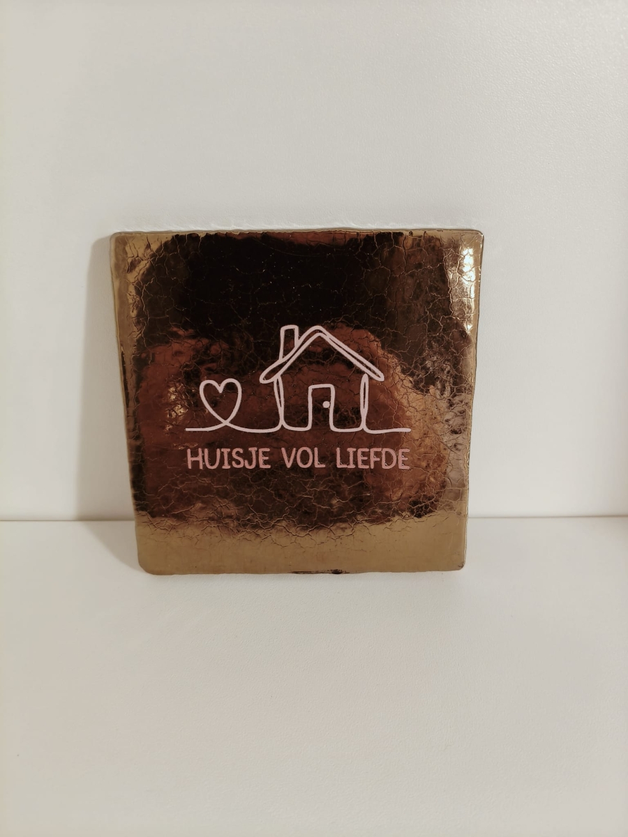 Keramieken tegeltje: 'Huisje vol liefde' (nieuw) Goud/nude