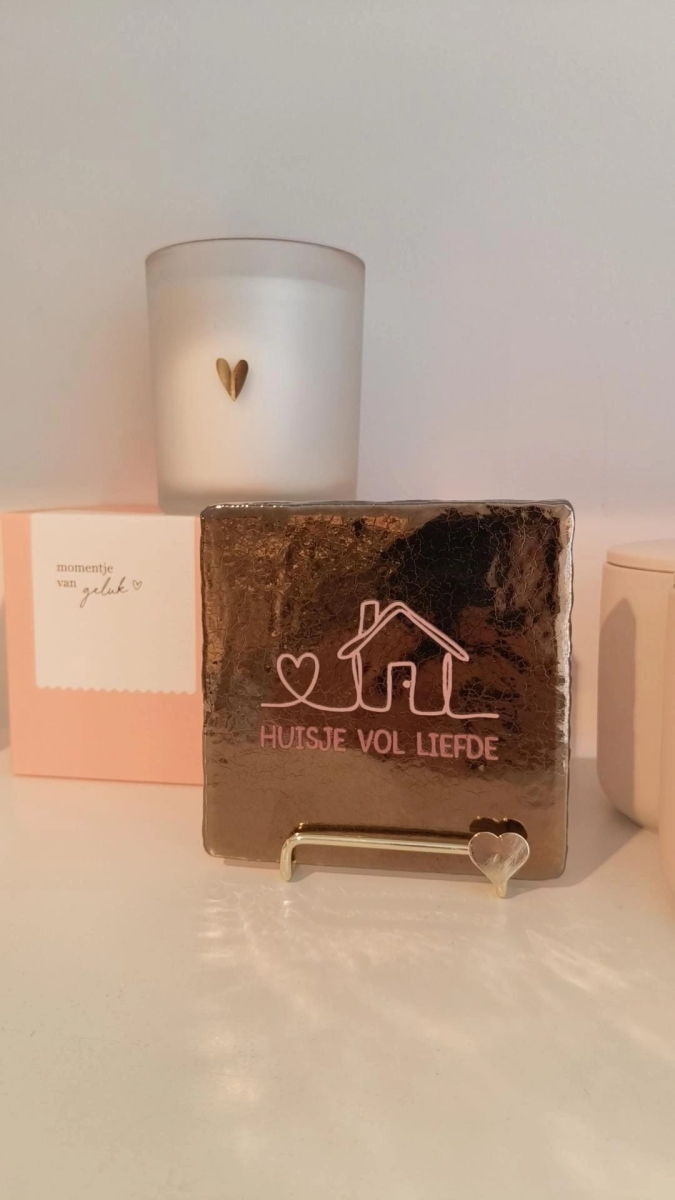 Keramieken tegeltje: 'Huisje vol liefde' (nieuw) Goud/nude
