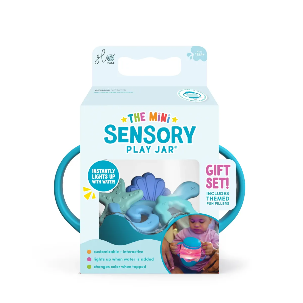 Glo Pals: 'MINI Sensory play jar' blauwe set met vormen