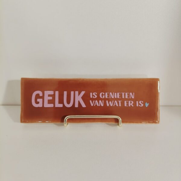 Langwerpig tegeltje: 'Geluk is genieten van wat er is' terra/roze