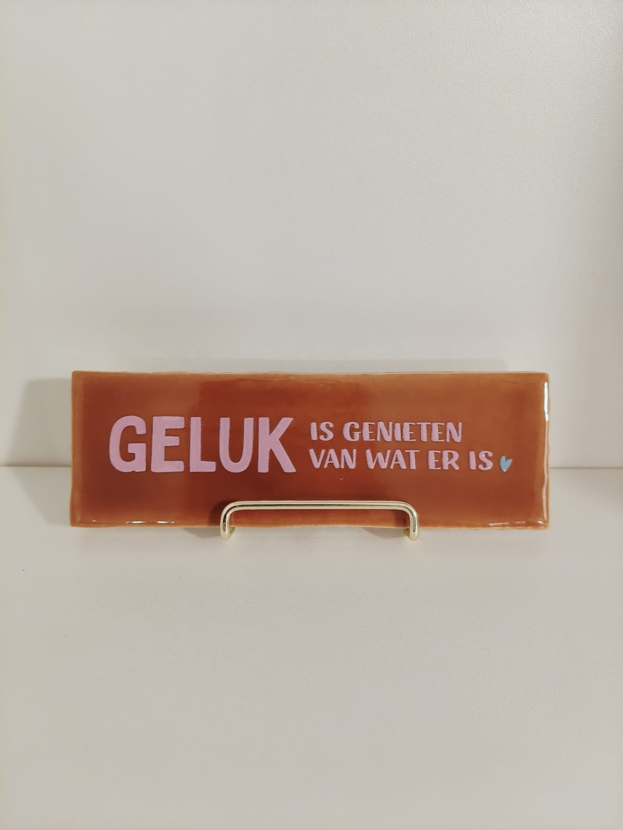 Langwerpig tegeltje: 'Geluk is genieten van wat er is' terra/roze