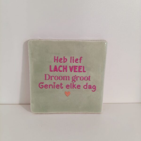 Keramieken tegeltje: 'Heb lief, lach veel, droom groot' mint/roze