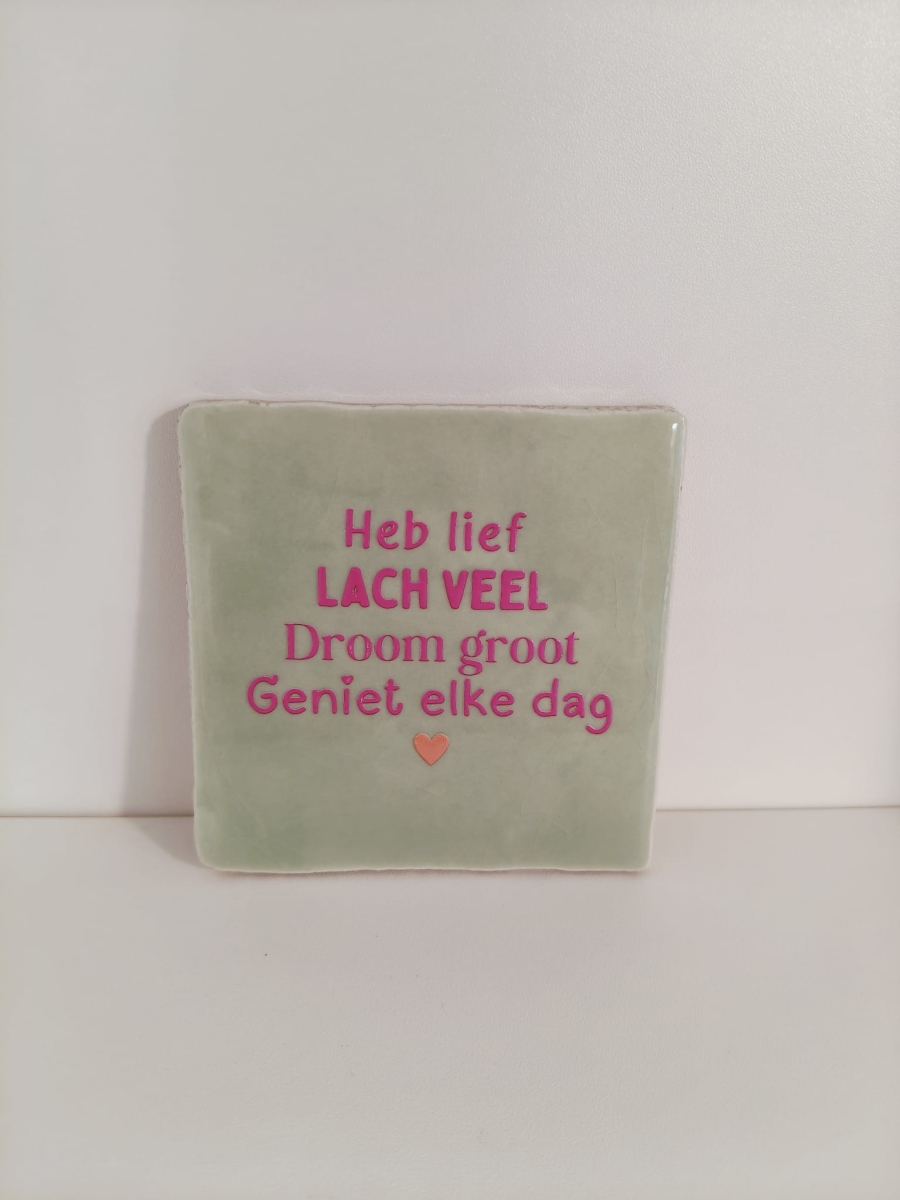 Keramieken tegeltje: 'Heb lief, lach veel, droom groot' mint/roze