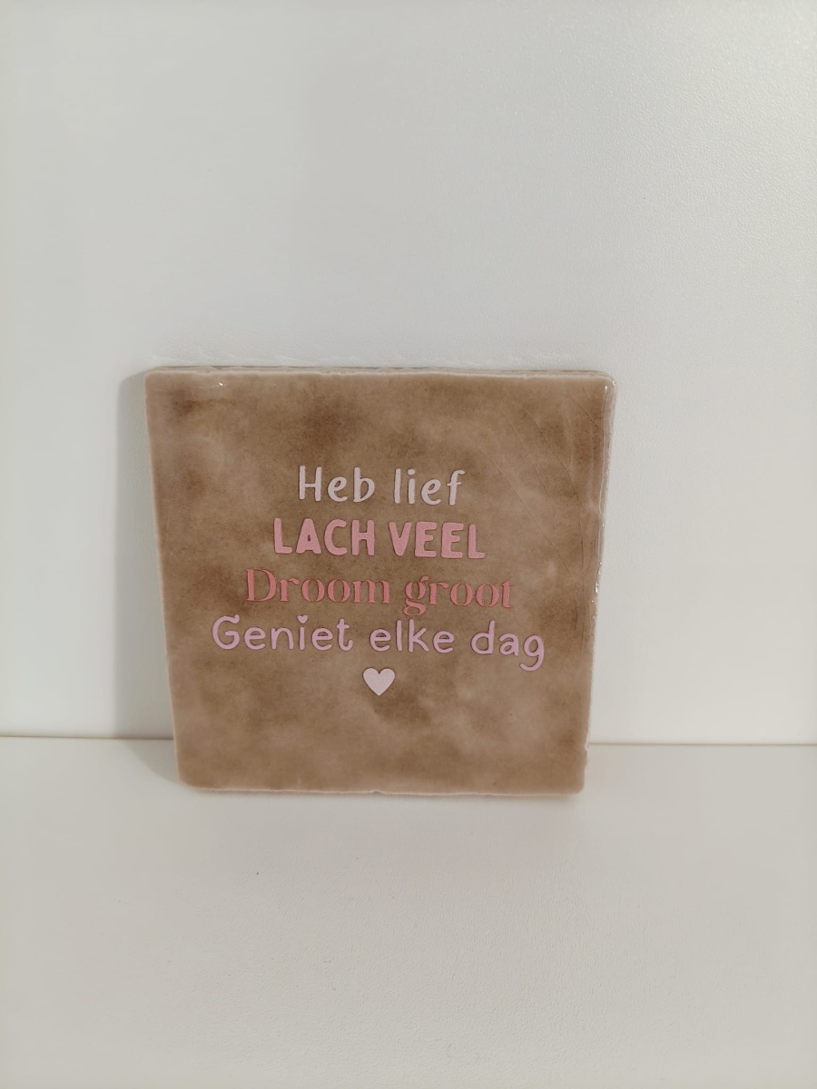 Keramieken tegeltje: 'Heb lief, lach veel, droom groot' taupe/roze