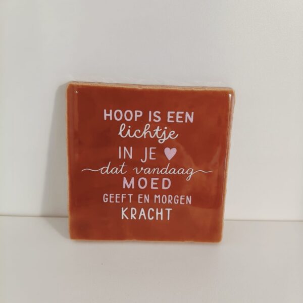Keramieken tegeltje: 'Hoop is een lichtje in je hart' terra/roze