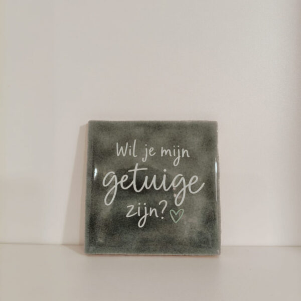 Keramieken tegeltje: 'Wil je mijn getuige zijn?' Blauw
