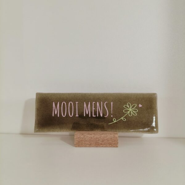 Langwerpig tegeltje: 'Mooi mens' olijf/roos